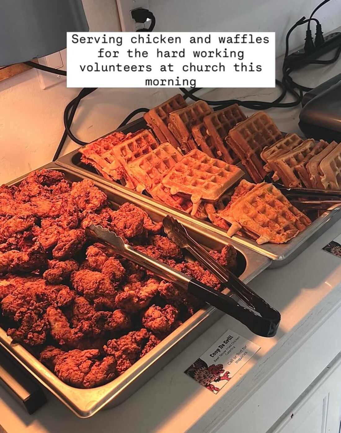 Fried chicken and waffles served at a church event